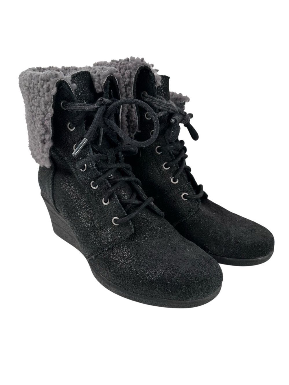 UGG Zea Black Shearling Wedge Lace Up Boots Women 9
